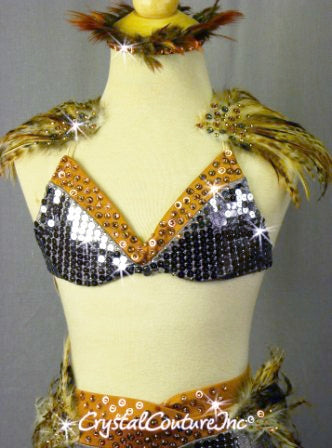 Silver & Bronze 2 Piece Top & Trunk/Skirt with Feathers - Rhinestones