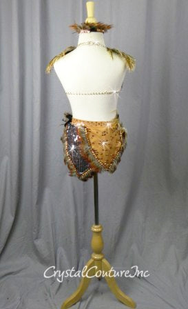 Silver & Bronze 2 Piece Top & Trunk/Skirt with Feathers - Rhinestones