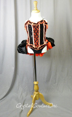 Custom Orange and Black Corset Style Leotard with Bustle Skirt - Swarovski Rhinestones