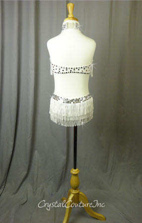 Shimmery White Halter Top and Trunk with Fringe - Crystal Rhinestones