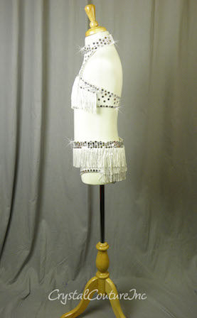 Shimmery White Halter Top and Trunk with Fringe - Crystal Rhinestones