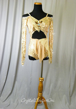 Nude Sequin Floral Lace Biketard with Half Skirt - Swarovski Rhinestones