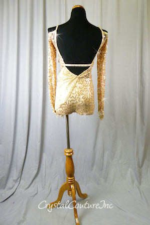 Nude Sequin Floral Lace Biketard with Half Skirt - Swarovski Rhinestones