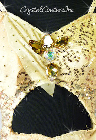 Nude Sequin Floral Lace Biketard with Half Skirt - Swarovski Rhinestones