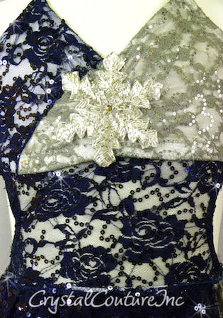 Custom Navy Blue and Grey Floral Lace Connected 2 Piece - Swarovski Rhinestones