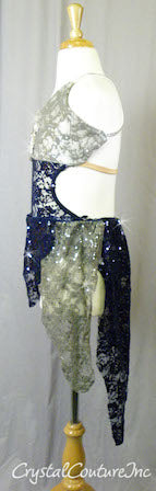 Custom Navy Blue and Grey Floral Lace Connected 2 Piece - Swarovski Rhinestones