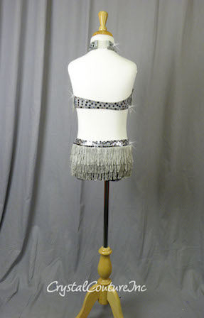Shimmery Graphite Halter Top and Trunk with Fringe - Crystal Rhinestones