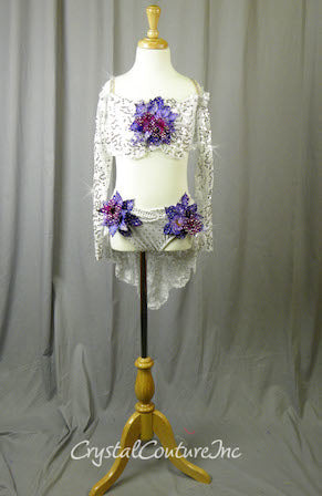 White Floral Lace Bra-Top and Trunk/Skirt with Purple Accents - Swarovski Rhinestones