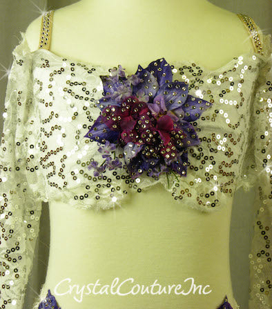 White Floral Lace Bra-Top and Trunk/Skirt with Purple Accents - Swarovski Rhinestones
