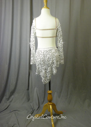White Floral Lace Bra-Top and Trunk/Skirt with Purple Accents - Swarovski Rhinestones
