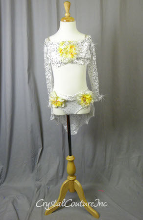 White Floral Lace Bra-Top and Trunk/Skirt with Yellow Accents - Swarovski Rhinestones