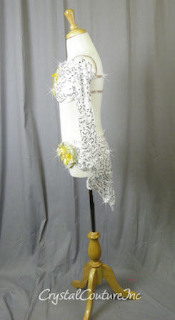 White Floral Lace Bra-Top and Trunk/Skirt with Yellow Accents - Swarovski Rhinestones