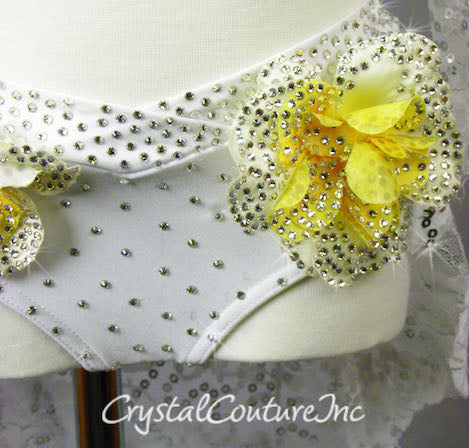 White Floral Lace Bra-Top and Trunk/Skirt with Yellow Accents - Swarovski Rhinestones