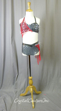 Gray Bra-Top & Trunk with Red Netting - Swarovski Rhinestones