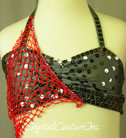 Gray Bra-Top & Trunk with Red Netting - Swarovski Rhinestones