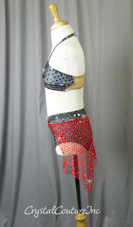 Gray Bra-Top & Trunk with Red Netting - Swarovski Rhinestones