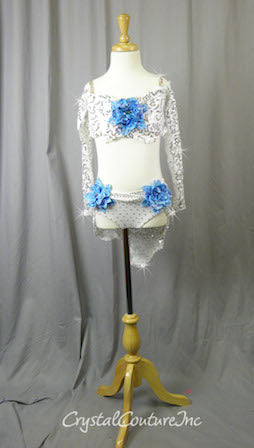 White Floral Lace Bra-Top and Trunk/Skirt with Blue Accents - Swarovski Rhinestones