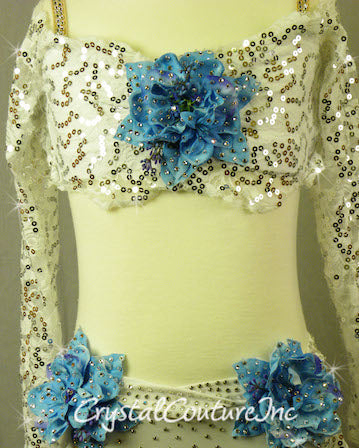 White Floral Lace Bra-Top and Trunk/Skirt with Blue Accents - Swarovski Rhinestones