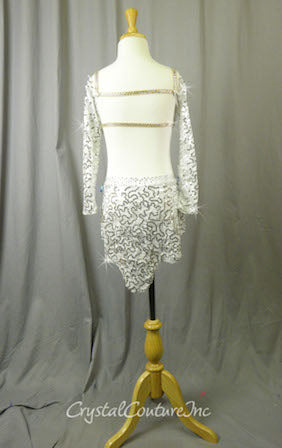 White Floral Lace Bra-Top and Trunk/Skirt with Blue Accents - Swarovski Rhinestones