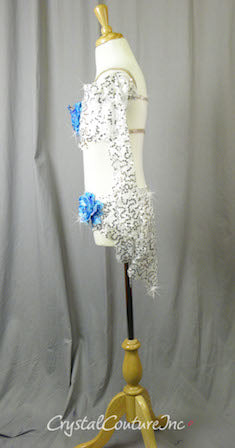 White Floral Lace Bra-Top and Trunk/Skirt with Blue Accents - Swarovski Rhinestones