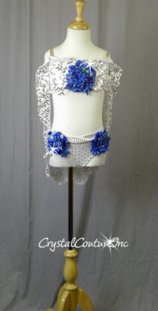 White Floral Lace Bra-Top and Trunk/Skirt with Blue Accents - Swarovski Rhinestones