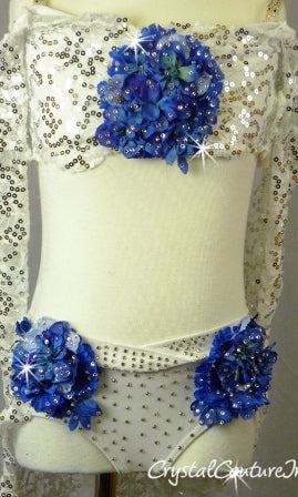 White Floral Lace Bra-Top and Trunk/Skirt with Blue Accents - Swarovski Rhinestones