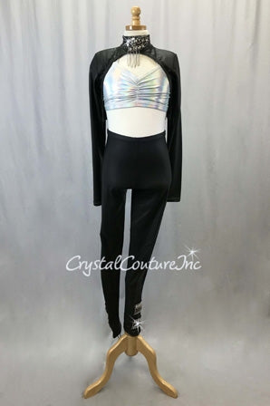 Custom Black Silver Pleather Studded Jacket & Pant with Silver Top - Swarovski Rhinestones