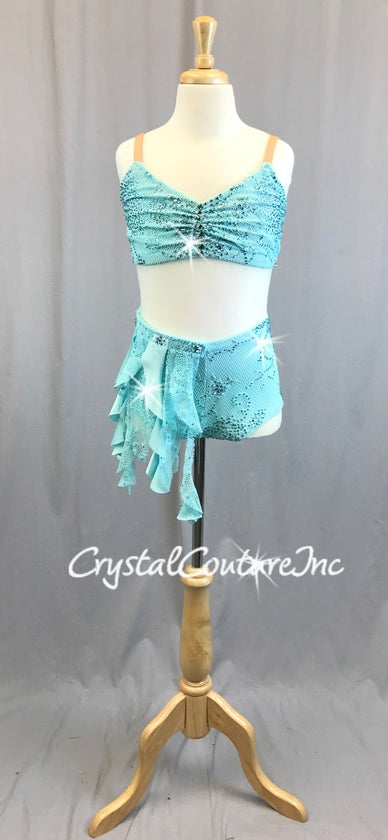 Lt Teal Blue Lace and Mesh Bra-Top & Booty Short/Skirt - Swarovski Rhinestones