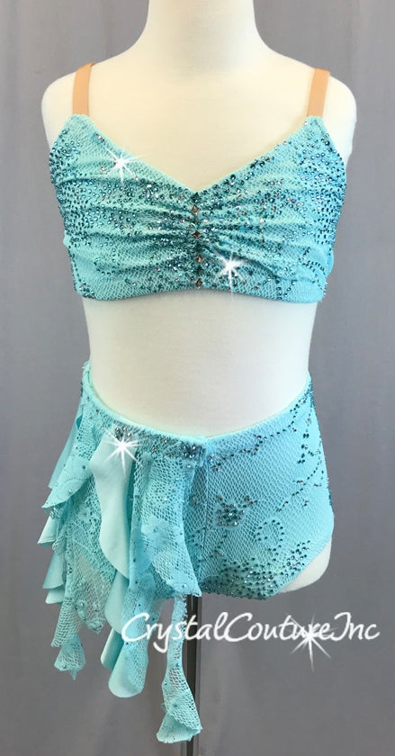 Lt Teal Blue Lace and Mesh Bra-Top & Booty Short/Skirt - Swarovski Rhinestones
