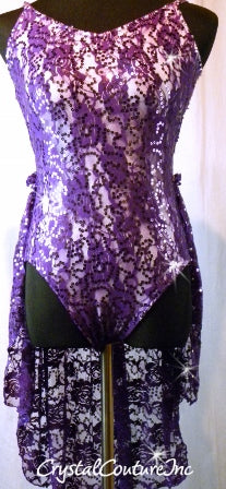 Purple Floral Lace Leotard over White Lycra with Skirt - Swarovski Rhinestones