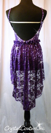 Purple Floral Lace Leotard over White Lycra with Skirt - Swarovski Rhinestones