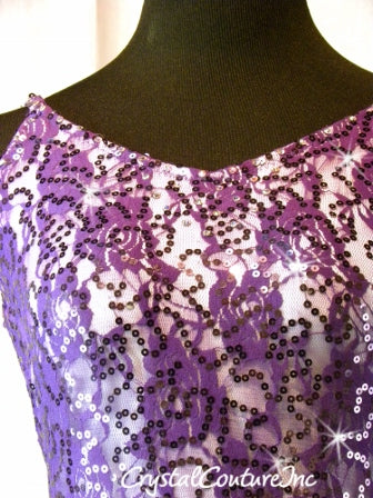 Purple Floral Lace Leotard over White Lycra with Skirt - Swarovski Rhinestones