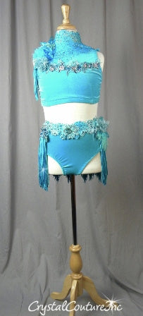 Lt Teal Blue Velour Mock Neck Top & Trunk/Fringe Skirt - Swarovski Rhinestones