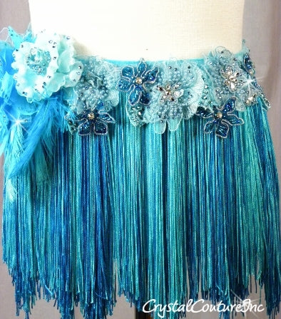 Lt Teal Blue Velour Mock Neck Top & Trunk/Fringe Skirt - Swarovski Rhinestones