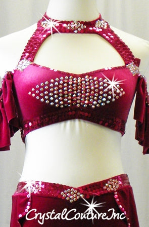 Plum/Deep Fushsia Velour Halter Top with Trunk/Half Skirt - Swarovski Rhinestones