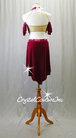 Plum/Deep Fushsia Velour Halter Top with Trunk/Half Skirt - Swarovski Rhinestones