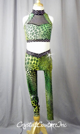 Green and Black Animal Print Crop Top & Leggings - Swarovski Rhinestones