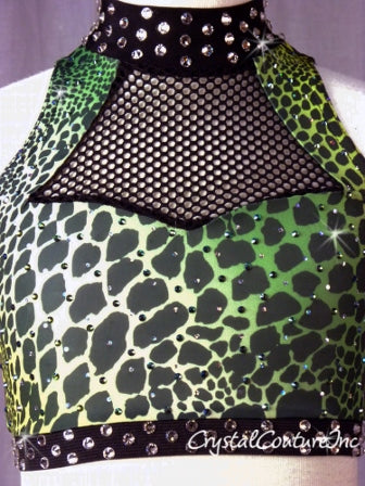 Green and Black Animal Print Crop Top & Leggings - Swarovski Rhinestones