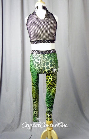 Green and Black Animal Print Crop Top & Leggings - Swarovski Rhinestones