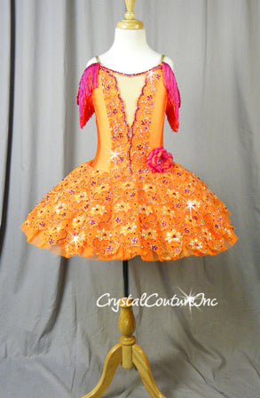 Orange Platter Tutu with Emroidered Details & Hot Pink Accents - Swarovski Rhinestones