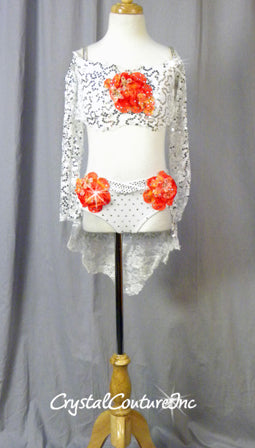 White Floral Lace Bra-Top and Trunk/Skirt with Orange Accents - Swarovski Rhinestones