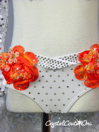 White Floral Lace Bra-Top and Trunk/Skirt with Orange Accents - Swarovski Rhinestones
