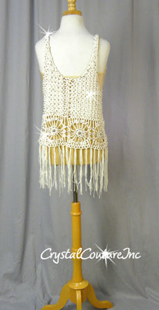 Ivory Crochet Top with Nude bra-Top & Bootie Shorts - Swarovski Rhinestones