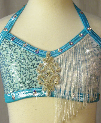 Light Blue Bra-Top and Flouncy Asymmetrical Skirt - Swarovski Rhinestones