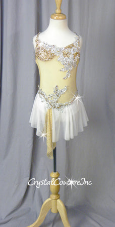 Nude & White Sheer Mesh Dress with Appliques - Swarovski Rhinestones