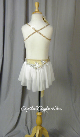 Nude & White Sheer Mesh Dress with Appliques - Swarovski Rhinestones