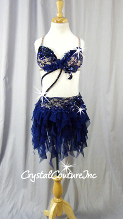 Navy Blue Bra Top & Tendril Skirt - Swarovski Rhinestones