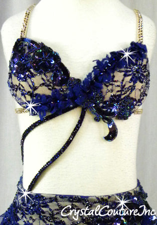 Navy Blue Bra Top & Tendril Skirt - Swarovski Rhinestones