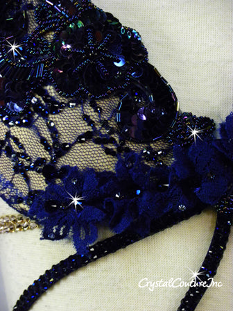 Navy Blue Bra Top & Tendril Skirt - Swarovski Rhinestones