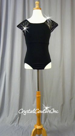 Black Leotard with Lace Sleeves - Swarovski Rhinestones